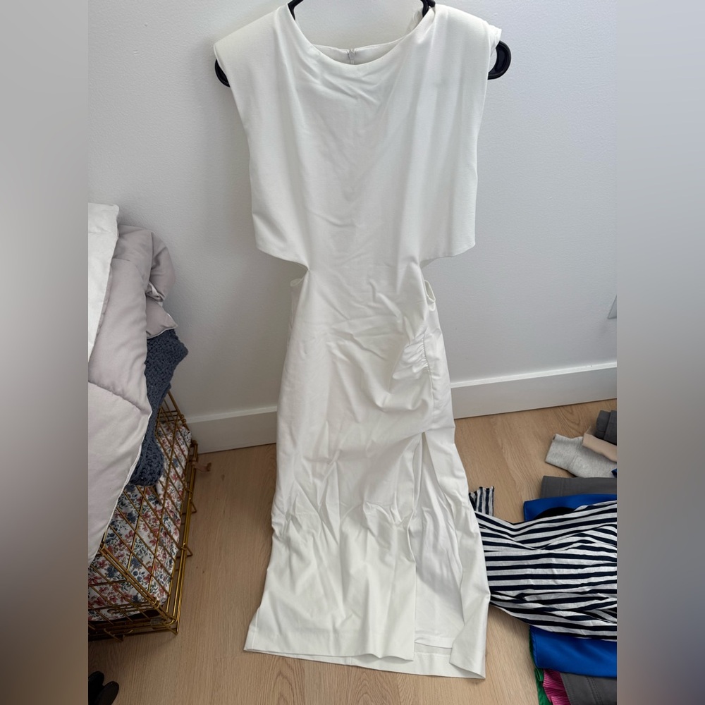 white zara body on midi dress with cut outs on side.